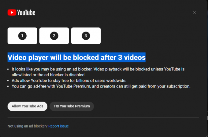 Предупреждающее сообщение о блокировке рекламы YouTube